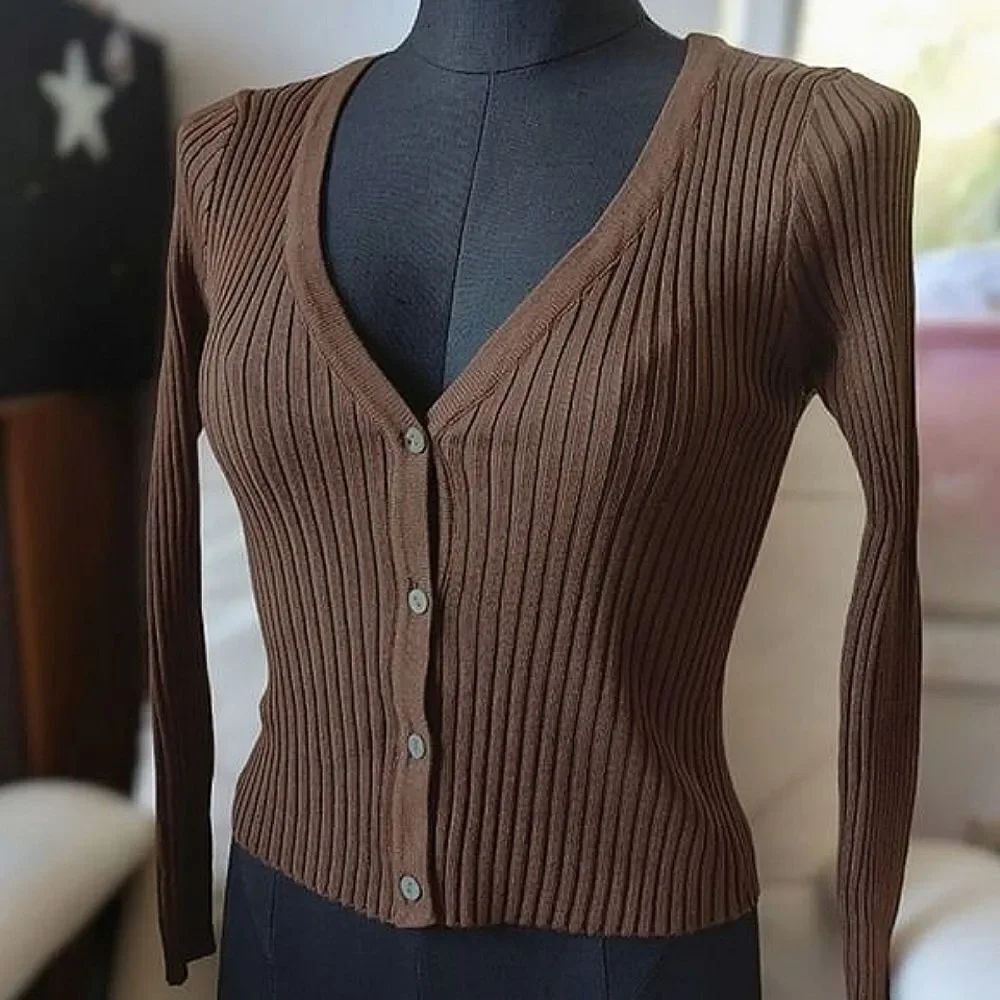 Pecan brown fitted rib knit v-neck long sleeve cardigan XXS